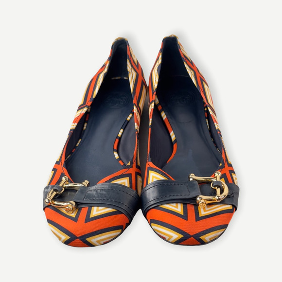 Tory Burch Womens Noel Ballet Flats Shoes Red Beige Geometric Slip On 7.5 M - Picture 4 of 11